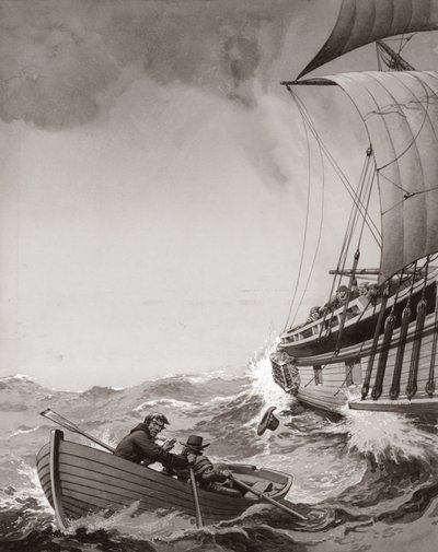اثنان من رسل الملك يحاولان التجديف في ميناء كاليه (غواش على ورق) بواسطة Pat (1907-95) Nicolle