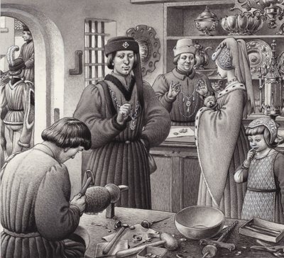 متجر صائغ ذهب في إيطاليا في القرن الخامس عشر (غواش على ورق) بواسطة Pat (1907-95) Nicolle