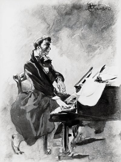 The composer and pianist Frederic Chopin playing the piano, by Albert Besnard (1849-1934), watercolor بواسطة بول ألبرت بيسنارد