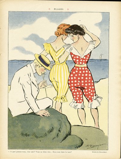 Illustration of Paul Balluriau (1860-1917) in Le Rire, 01/08/08 - Beaches - Leisure, Love, Fashion, Maritime Marine Seaside, Swimwear بواسطة بول بالورياو