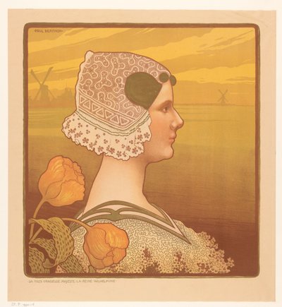 صورة للملكة ويلهيلمينا بالزي التقليدي Sa très gracieuse majeste la reine Wilhelmine (العنوان على الكائن) بواسطة بول بيرثون