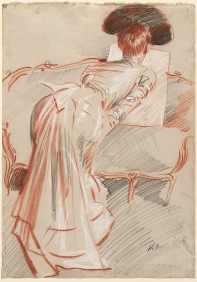 امرأة (من المحتمل أن تكون السيدة أليس هيلو) تنظر إلى رسم، حوالي عام 1895 (طباشير أسود وأحمر وأبيض) بواسطة بول سيزار هيليو