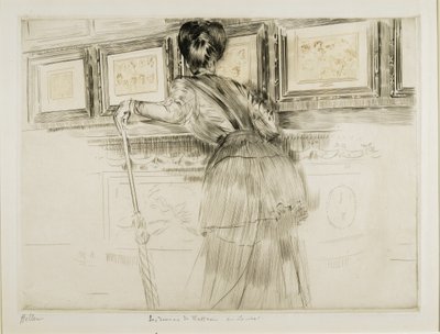 امرأة تنظر إلى رسومات واتو في متحف اللوفر ، ج. 1895 بواسطة بول سيزار هيليو