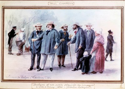 الكاتب الفرنسي أونوريه دي بلزاك (1799-1850) وأصدقاؤه يتنكرون في زي فلاحين في بلدة أفراي في عام 1840. لوحة مائية رسمها بول شاردان (1833 -؟) بواسطة بول شاردان
