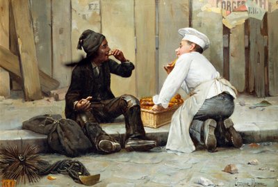 "الخباز الصغير ومنظف المدخنة الصغير" الطفلان يستمتعان بالمعجنات على الرصيف. منظف المدخنة مغطى بالسخام، بينما يرتدي الخباز ملابس بيضاء ناصعة. لوحة رسمها بول شوكارن مورو (شوكارن مورو) (1855 بواسطة بول تشارلز شوكارن مورو