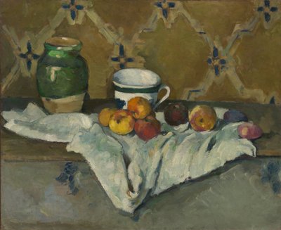 لا تزال الحياة مع جرة وكوب وتفاح ، كاليفورنيا. 1877. بواسطة بول سيزان
