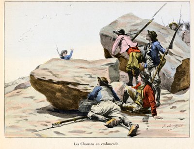 Chouannerie: Les Chouans en ambuscade ، أواخر القرن الثامن عشر - رسم لإميل بوتيني (1853-1929) في "" Hoche-Marceau-Desaix "" لثيودور كاهو (1854-1928) - مجموعة خاصة - Chouannerie: رسم إيضاحي لإميل بوتيني (1853) -1929) عن "Hoche-Marce بواسطة بول إميل بوتيني