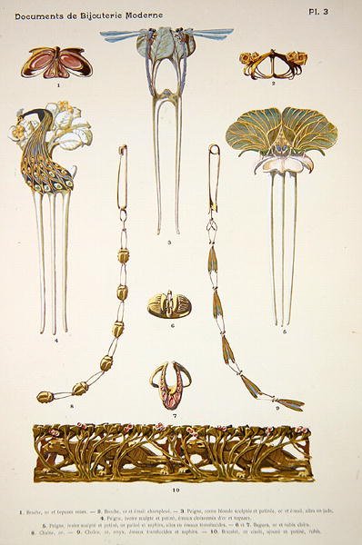 تصاميم المجوهرات ، اللوحة 3 من "Documents de Bijouterie et Orfeverie modernes" ، التي نشرها هنري لورينز ، باريس ، عام 1900 (كروموليثو ملون) بواسطة بول فوليت