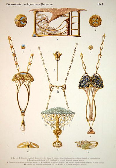 تصاميم المجوهرات ، اللوحة 5 من "Documents de Bijouterie et Orfeverie modernes" ، التي نشرها Henri Laurens ، باريس ، عام 1900 (كروموليثو ملون) بواسطة بول فوليت