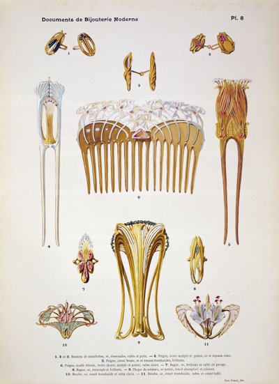 تصميمات المجوهرات ، اللوحة 8 من "Documents de Bijouterie et Orfeverie modernes" ، نشرها Henri Laurens ، باريس ، c.1900 (chromolitho ملون) بواسطة بول فوليت