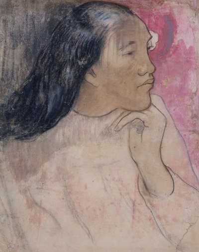 امرأة تاهيتية بزهرة في شعرها ، 1891-92 (فحم ، باستيل ، وغسل) بواسطة بول غوغان