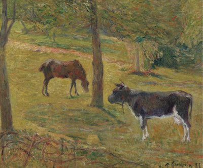 الفرنسية: Vache et cheval dans un pré بقرة وحصان في مرج بواسطة بول غوغان