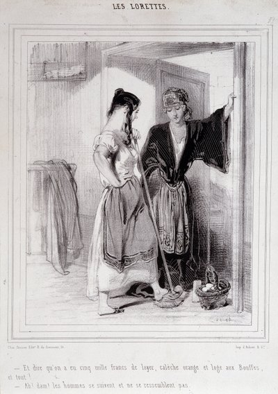 امرأتان فقيرتان في حديث على الدرج عن الرجال ، “Les Lorettes” ، Gavarni ، ج. 1840. بواسطة بول جافارني