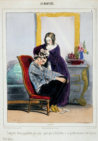 أم تضع بكرات شعر على ابنها. رسم كاريكاتوري لبول جافارني (1804-1866) باريس القرن التاسع عشر ، فنون زخرفية بواسطة بول جافارني
