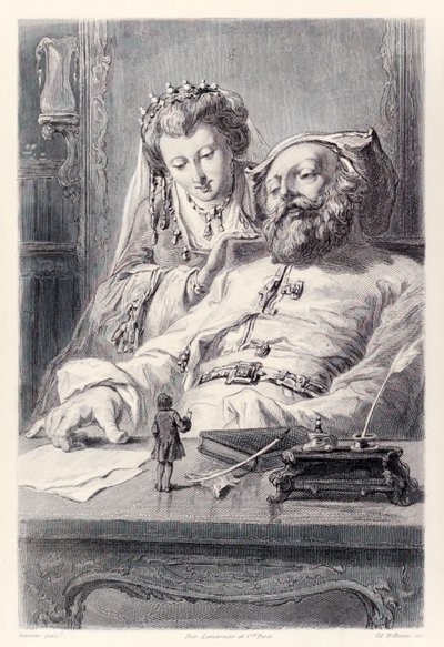 أجبت Frontispiece من النسخة الفرنسية من Gullivers Travels بواسطة Jonathan SwiftI على أسئلة الملوك بشكل صحيح Gulliver و King و Queen of Brobdingnag. بواسطة بول جافارني