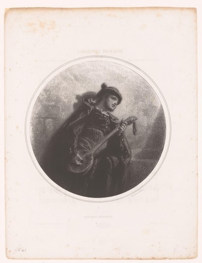رجل مع آلة البانجو يغني ويعزف على نغمة Sérénade espagnole (العنوان على الكائن) رسوم توضيحية لأغاني جان جافارني (عنوان المسلسل) الرسوم التوضيحية des Mélodies de Madame Jeanne Gavarni (عنوان المسلسل) بواسطة مارتينيت
