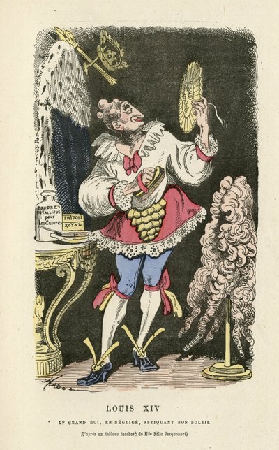 رسم توضيحي لـ Hadol (1835-1875) في Histoire de France tintamarresque ، كاليفورنيا. 1880 - مكياج ، نظام Ancien ، سولي ، شعر مستعار - لويس الرابع عشر بواسطة بول هادول