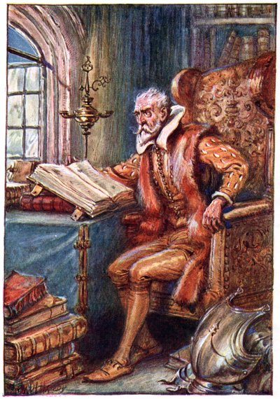 لقد قضى وقته في قراءة كتب فارس الفاسد ، رسم توضيحي من "مغامرات دون كيشوت" ، الذي نشره G. Bell und Sons، Ltd.، 1911 بواسطة بول هاردي