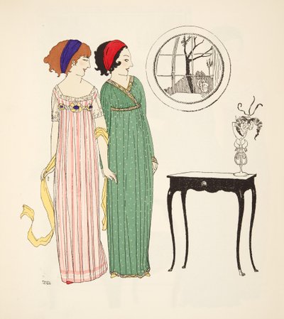 اثنان من فساتين يوم خط الإمبراطورية من حانة Les Robes de Paul Poiret. 1908 (استنسل) بواسطة بول ايريبي