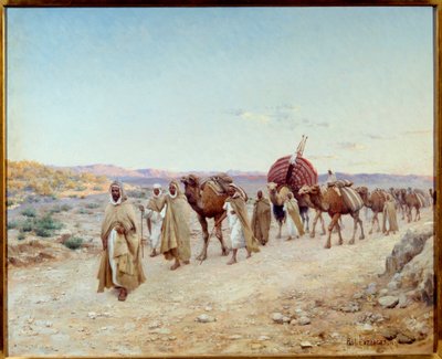 قافلة في الصحراء بالقرب من بسكرة بالجزائر عام 1892 لوحة رسمها جان بابتيست بول هيبوليت لازرجس ، ديت بول لازرجس (1845-1902) 1892 شمس. 0،81x1،01 m نانت ، متحف الفنون الجميلة - قافلة في الصحراء بالقرب من بسكرة ، الجزائر بواسطة بول جون بابتيست لازرجيس
