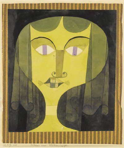 "صورة لامرأة بنفسجية العينين" (صورة لامرأة بنفسجية العينين) لوحة مائية لبول كلي (1879-1940) - 1921 - مقاس 22.1 × 19 سم مجموعة خاصة بواسطة بول كلي