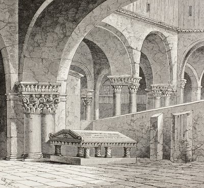 قبر غودفري دي بولون، 1060 - 1100، كما كان موجوداً في كنيسة القيامة، القدس. القبر مدمر الآن. بعد رسم رُسم في الموقع عام 1828. بواسطة بول لاكروا