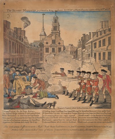 المذبحة الدموية التي ارتكبت في كينج ستريت بوسطن في الخامس من مارس 1770 من قبل حزب من الفرقة 29. بواسطة بول ريفير