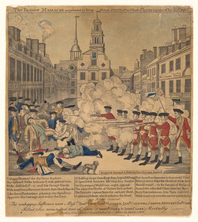 المذبحة الدموية التي ارتكبت في شارع الملك بوسطن في الخامس من مارس عام 1770. بواسطة بول ريفير