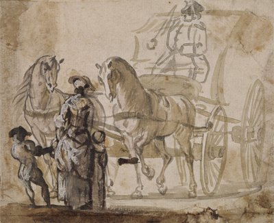 عربة وزوج ، مع Coachman (غسيل رمادي وبني مع الأبيض على الورق) بواسطة بول ساندبي