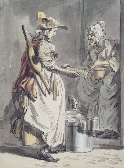 صرخات لندن: A Milkmaid ، حوالي 1759 (فرشاة القلم والحبر والألوان المائية والجرافيت على الورق) بواسطة بول ساندبي