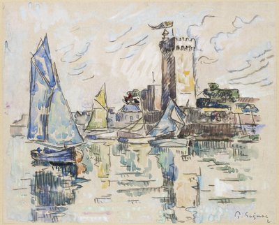 منظر للمرفأ في Les Sables-d&39;Olonne (طباشير أسود مع ألوان مائية على ورق مناديل ، تم وضعه على ورق نسج شاحب شاحب) بواسطة بول سينياك
