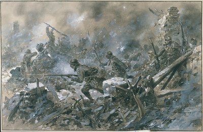 الحرب العالمية الأولى (1914-1918): "" هجوم مضاد في قرية فو في عام 1916 على جبهة فردان "" لوحة مائية لبول ثريات باريس. Musee ، Des deux guerre Mondiale DR - هجوم مضاد فرنسي على قرية فو بالقرب من فردان بواسطة بول تيريات