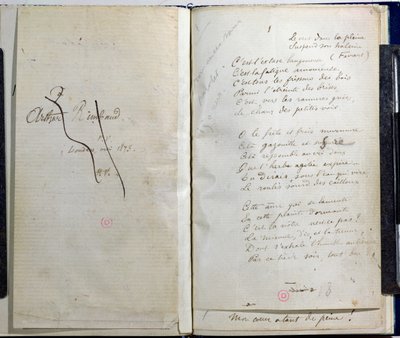 صفحات مكتوبة بخط اليد من "Romances Sans Paroles" مع تفاني متقاطع مع آرثر رامبو ، 1873 بواسطة بول فيرلين