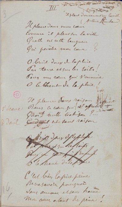 "إنها تبكي في قلبي ، لأنها تمطر على المدينة ..." ، قصيدة مكتوبة بخط اليد من "Romances Sans Paroles" ، 1873 (قلم وحبر على ورق) بواسطة بول فيرلين