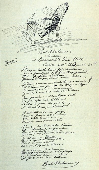 علامة قصيدة للشاعر الفرنسي بول فيرلين (1844-1896) مع رسم تخطيطي للممثل أثناء القراءة. 21/11/1893 بواسطة بول فيرلين