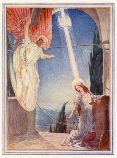 رسالة الملاك إلى مريم (طباعة حجرية ملونة) بواسطة بول فنسنت وودروف