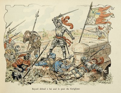 رسم توضيحي مأخوذ من كتاب "Histoire du chevalier Bayard" بقلم ثيودور كاهو ، مصور من قبل Paul De Semant (1855-1915): يدافع Bayard فقط عن جسر Garigliano 1504 بواسطة بول دي سيمانت