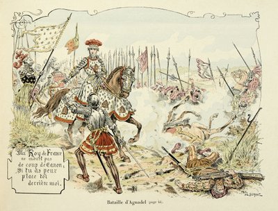 رسم توضيحي مأخوذ من كتاب "Histoire du chevalier Bayard" بقلم ثيودور كاهو ، مصور من قبل بول دي سيمانت (1855-1915): معركة أغناديل 1509 بواسطة بول دي سيمانت