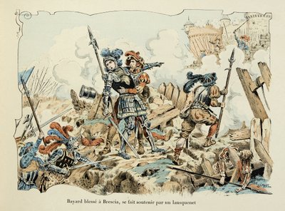 رسم توضيحي مأخوذ من كتاب "Histoire du chevalier Bayard" بقلم ثيودور كاهو ، مصور من قبل بول دي سيمانت (1855-1915): بايارد يصيب بريشيا مدعومًا بلوحة مفاتيح 1512 بواسطة بول دي سيمانت