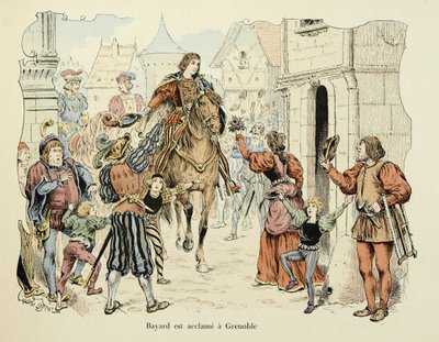 رسم توضيحي مأخوذ من كتاب "Histoire du chevalier Bayard" بقلم ثيودور كاهو ، رسمه بول دي سيمانت (1855-1915): Bayard acclame at Grenoble بواسطة بول دي سيمانت