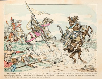 Illustration taken from the book “” Joan of Arc “” by Theodore Cahu and illustrated by Paul De Semant (1855-1915): 12 June 1429 The Lord of Lude kills by a ball during the Battle of Jargeau before Joan of Arc بواسطة بول دي سيمانت