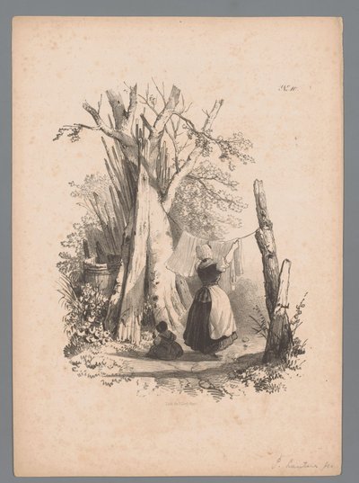 منظر طبيعي مع امرأة تتدلى من الغسيل دراسات المناظر الطبيعية بواسطة Paulus Lauters (عنوان السلسلة) Nouvelle suite de 40 études de paysages par P. Lauters (عنوان السلسلة) بواسطة باولوس لوترز (منسوب إلى)