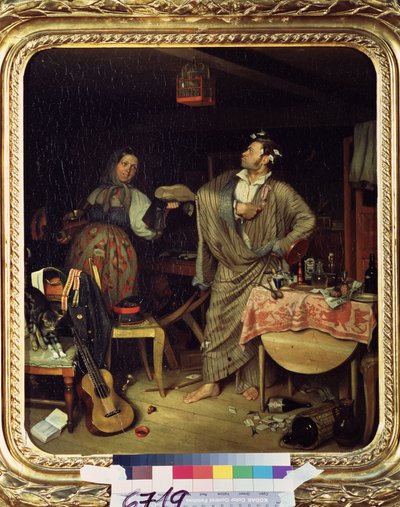 "" أنا فارس! (أو في صباح الضابط المزين حديثًا) (Fresh Cavalier (صباح موظف بيروقراطي يستلم أول صليب له) يرتدي جندي يرتدي ثوبًا ميداليته بفخر في الشقة الفوضوية. رسم بافيل فيدوتوف (18) بواسطة Pavel Andreevich Fedotov