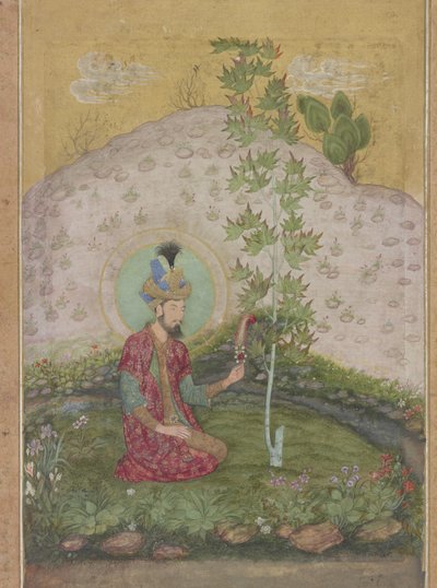 تفاصيل همايون جالس في منظر طبيعي ، من ألبوم المرحوم شاه جهان ، c.1650 (مرحاض ، حبر وذهب على ورق) بواسطة Payag