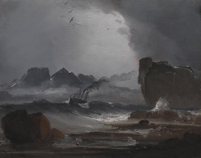 بحر هائج مع سفينة بخارية بالقرب من ساحل النرويج بواسطة Peder Balke