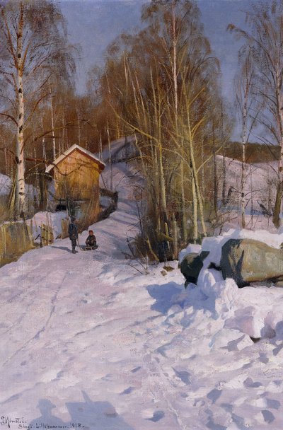 منظر طبيعي شتوي مع تزلج أطفال بواسطة Peder Monsted
