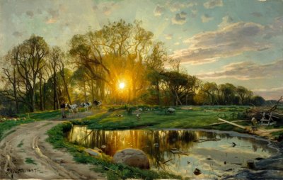 إعادة الأبقار إلى المنزل عند غروب الشمس بواسطة Peder Monsted