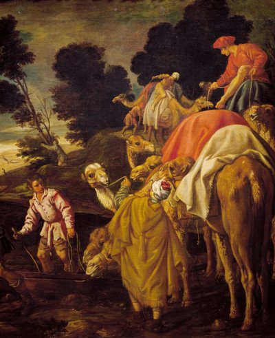 Caravan of camels, detail from Rebecca let Eliezer drink at well, painting by Pedro Orrente (circa 1580-1645), Spain بواسطة بيدرو أورنتي