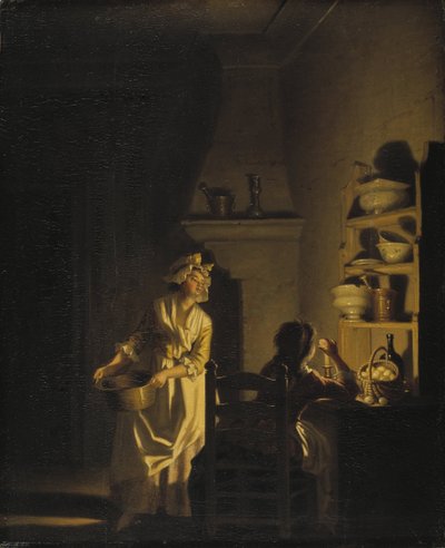 Le test des oeufs، interieur de kitchen - Testing Eggs. داخل المطبخ ، بواسطة Hillestrom ، Pehr (1732-1816). زيت على خشب. الأبعاد: ٣٩ × ٣٢ سم. المتحف الوطني ستوكهولم بواسطة بير هيلستروم