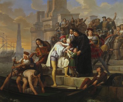 Christopher Columbus embracing his two sons and recommending them to Father Giovanni Perez before leaving Palos for the journey to discover America بواسطة Pelagio Palagi